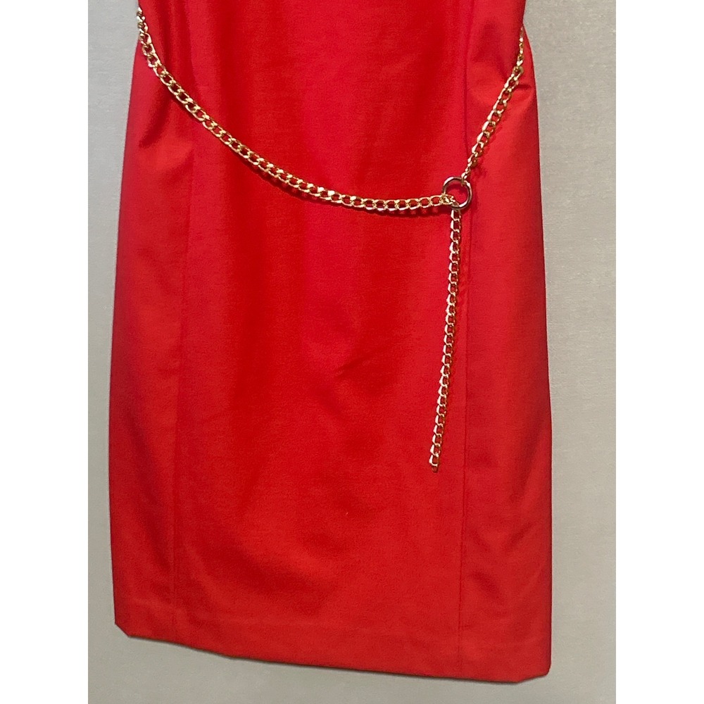 Jones New York Collection Tomato Red Stretch Sheath Dress with Gold Chain Belt 8 - Picture 4 of 8